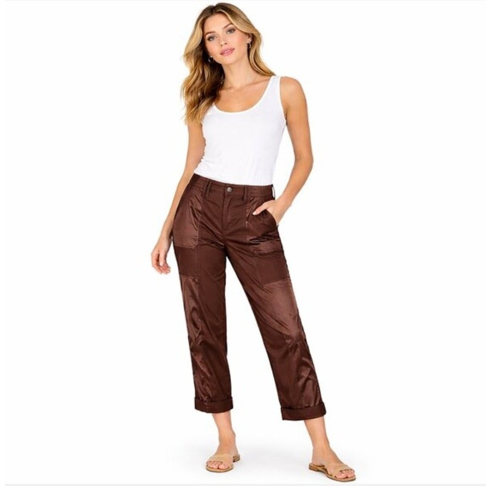 White House Black Market NWT The Straight Crop Pants Brown Satin Panel Size 12 - Picture 1 of 11